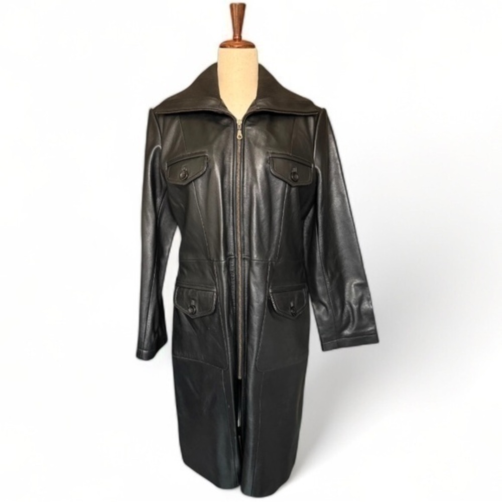 ⁠Vintage 70s Black Leather Zip Duster Trench Coat Matrix Grunge Utility Unisex⁠